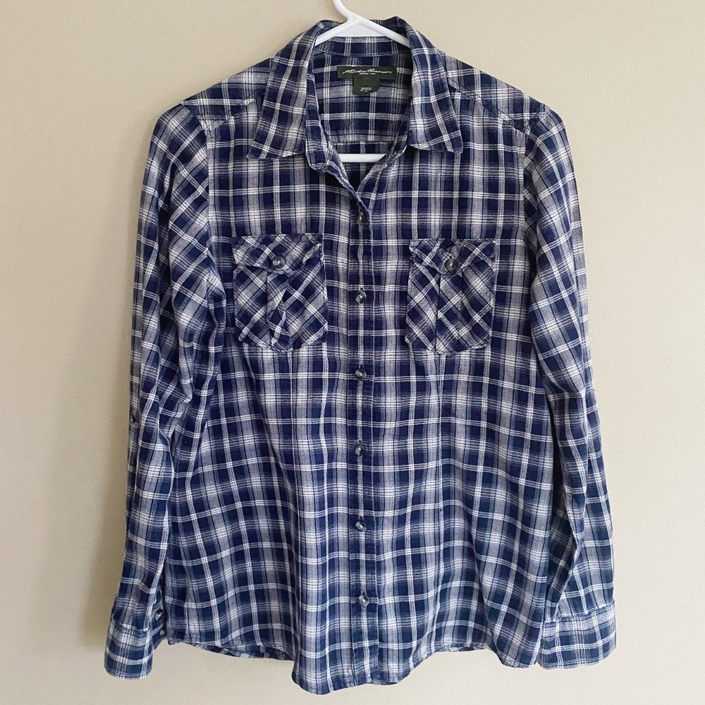 Eddie Bauer blue plaid flannel button down top - Picture 1 of 5